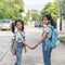 Back to school month, education concept with happy Asian students lifestyle walk to school with transportation safety awareness