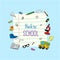 Back to school. Note paper template design with colored school activity object doodle and grid background