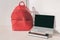 Back to school online classes laptop and red backpack bag with study books, university or college student