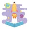 Back to school, open book flying rocket and planets education cartoon