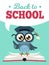 Back to school owl. Wise owl in graduate cap with books, learning education kids colored school card, cartoon vector