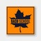 Back to School poster with navy blue maple leaf in orange frame on grey diagonal stripes background. All isolated and layered.