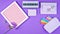 Back to school purple teen`s theme concept flat lay.