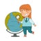 Back to School with Redhead Girl in Blue Uniform Standing Near Globe with Magnifying Glass Studying Geography Vector
