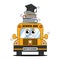 Back to school retro cute character. Funny school bus with books and graduation cap. Funky groovy element on a