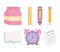 Back to school, ruler pencil book paper crayon icons elementary education cartoon