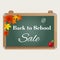 Back to school sale background with realistic blackboard, autumn leaves, apple and text