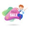 Back to School Sale Banner with Cute Cartoon Boy Student in Uniform and Backpack Jumping. Happy Pupil Discount Offer