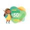 Back to School Sale Banner with Cute Cartoon Girl Student with Backpack Waving Hand. Little Pupil Rejoice for Discount