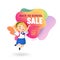 Back to School Sale Banner in Memphis Style with Cute Cartoon Girl Student with Backpack and Uniform, Little Pupil Jump