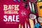 Back to school sale banner vector design in red background with school supplies