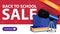 Back to school sale, modern discount banner with button, telescope, map of the constellations and the encyclopedia of astronomy