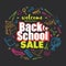 Back to school sale vector background with colorful doodle school accessories and supplies elements around the text.