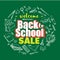 Back to school sale vector background with doodle school accessories and supplies elements around the text. Hand drawn