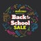 Back to school sale vector background with doodle school accessories and supplies elements around the text. Hand drawn