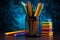 Back to school scene Pencil holder filled with vibrant pencils
