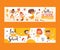 Back to school set of banners. Kids, children with education equipment vector illustration. School supplies, colorful