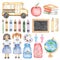 Back to School set Clipart, Watercolor School Bus, Teacher, girl, Books, School Supplies, Crayon illustration, Stationery,