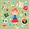 Back to School set of Stickers with Girl in uniform with backpack, lunchbox. Education icons for preschool with