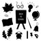 Back to school silhouettes set. Vector black and white educational clipart collection. Cute classroom objects shadows of supplies