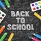 Back to school sketch lettering and color school supplies icons.