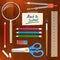 Back to school supplies tools on wood background