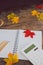 Back to school tabletop arrangement with coloured pencils notepad and mixed stationery items among autumn leaves