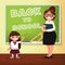 Back to school. The teacher and the schoolgirl are near blackboard. Vector illustration