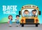 Back to school text and school bus with happy kids or students wearing uniform