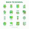 Back to school thin line icons set: backpack, bell, book, microscope, knowledge, owl, graduation cap, bus, chemistry, mathematics