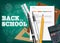 Back to school tools Vector realistic. Notes, calculator, pencils. Chalk board background. Detailed 3d illustrations