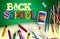 Back to school vector banner background. Back to school text with student supplies like glue, color pens and paper sheet elements