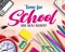 Back to school vector banner background. Time for school text with education item tools like color pens, alarm clock.