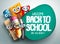 Back to school vector banner design with colorful funny school characters