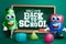 Back to school vector banner design. Welcome back to school text in chalkboard element with educational 3d characters like eraser.