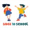 Back to School vector banner, illustration. Happy schoolchildren illustration and hand lettering