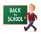 Back to school vector illustration. Proud and cheerful pupil in school uniform walking next to blackboard.