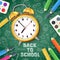 Back to school vector illustration. Realistic 3d yellow alarm clock on green background with doodle school supplies.