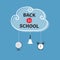 Back to school. White cloud contour frame. Hanging alarm clock, ringing bell, world globe.