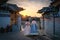 Back of two women wearing hanbok walking through the traditional