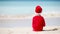 Back view of adorable girl in Christmas hat on the beach during Xmas vacation