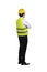 Back view of asian worker wearing safety vest and yellow helmet