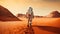 Back view of an astronaut walking on a surface of Mars planet. Generative AI