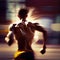 Back view of athletic runner with motion blur on a city street