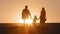 Back view from behind silhouettes of three people walking going family in yellow golden sunbeams religious. Mother