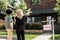 back view of blonde realtor pointing