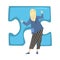 Back View of Blonde Woman Solving Jigsaw Puzzle, Person Trying to Connect Blue Puzzle Element Cartoon Style Vector