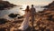 Back view of bride and groom on the seashore. Generative Ai