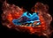 Back view of burning sport blue shoe with fire red flames under sole on black