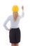 Back view of business woman in builder helmet writing something
